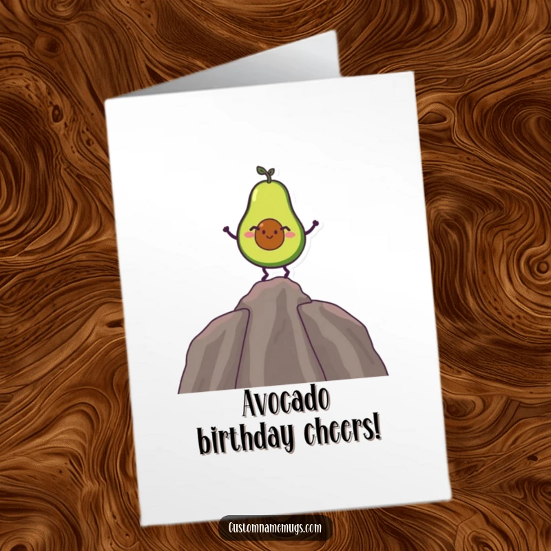 Funny Free Printable Birthday Card: A giggling avocado character wobbling precariously while balancing on its single, unstable pit.