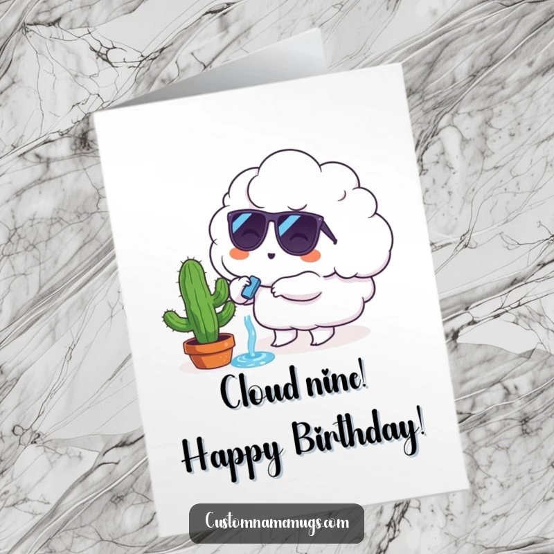 Funny Free Printable Birthday Card: A cloud with sunglasses tries to water a tiny sad cactus.