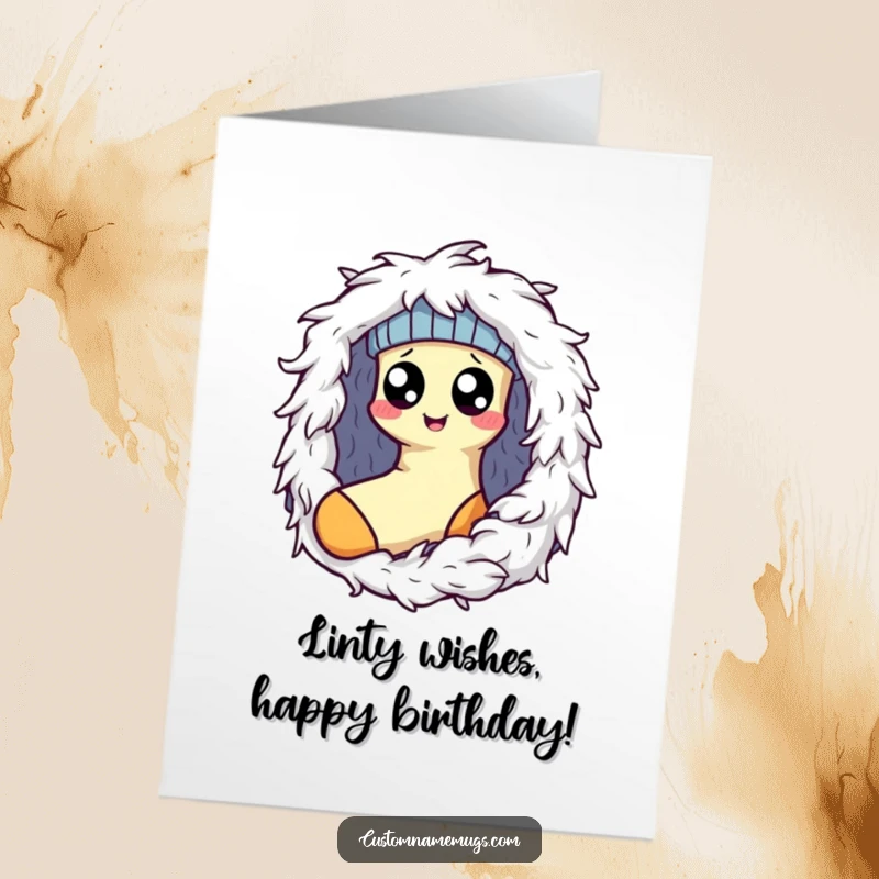Funny free printable birthday card: Kawaii sock with googly eyes battling a fluffy lint monster in a dryer.