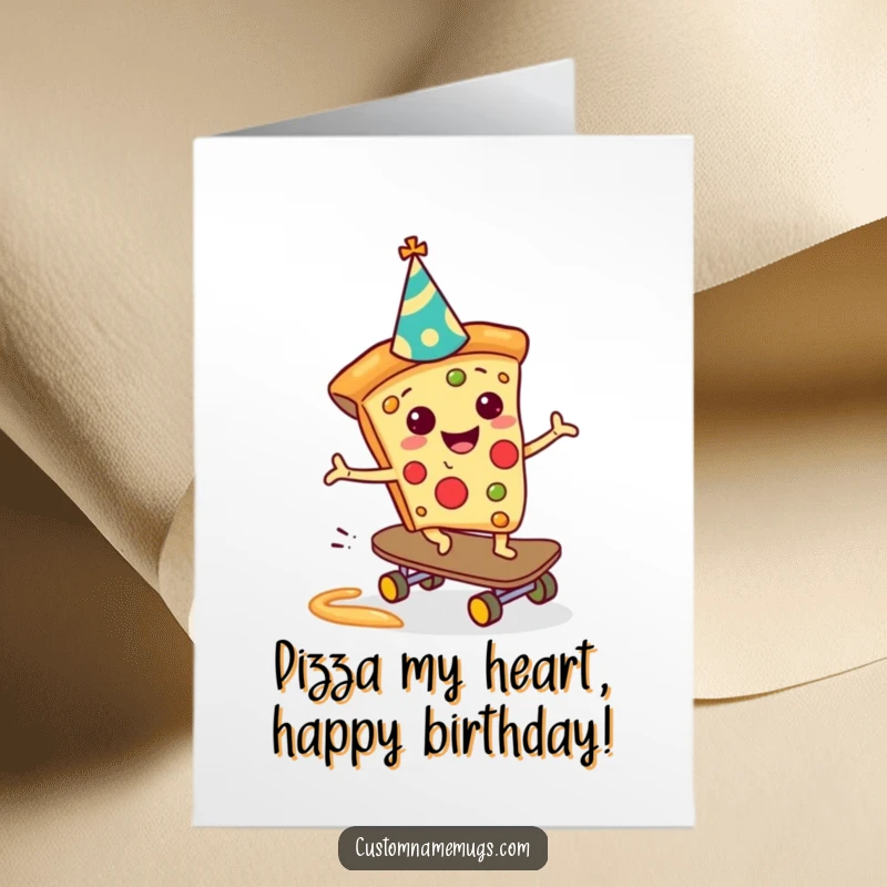Funny Free Printable cheerful pizza slice with party hat, skateboarding down a sauce slide. Birthday DIY gift.