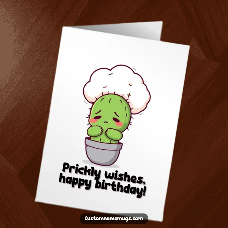 Funny free printable birthday card: A Kawaii cactus character uncomfortably trying to embrace a soft, fluffy cloud.