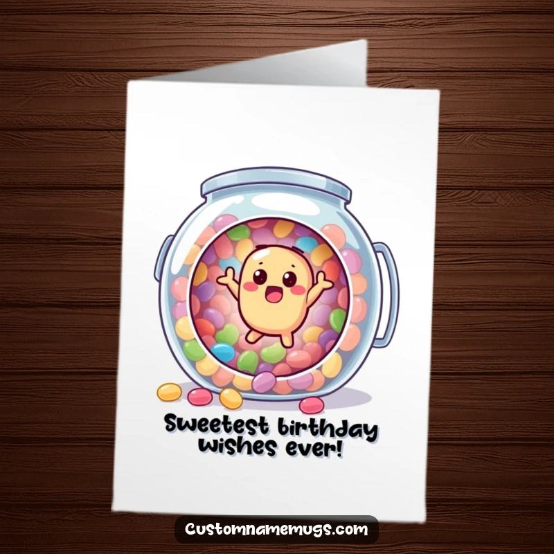 Funny Free Printable Birthday Card: A surprised jellybean character bounces out of a giant candy jar, perfect for a fun wish.