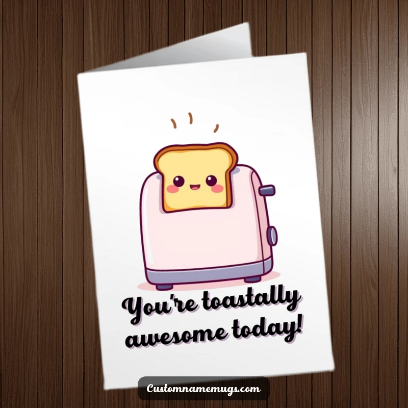 Funny free printable birthday card of tiny, smiling toast popping out of a toaster, looking comically surprised and cheerful.