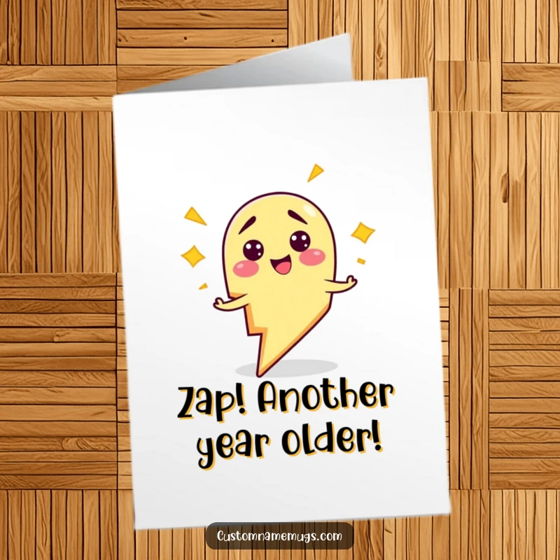 Funny Free Printable Birthday Card: Clumsy lightning bolt character smiling while comically zapping itself with electricity.
