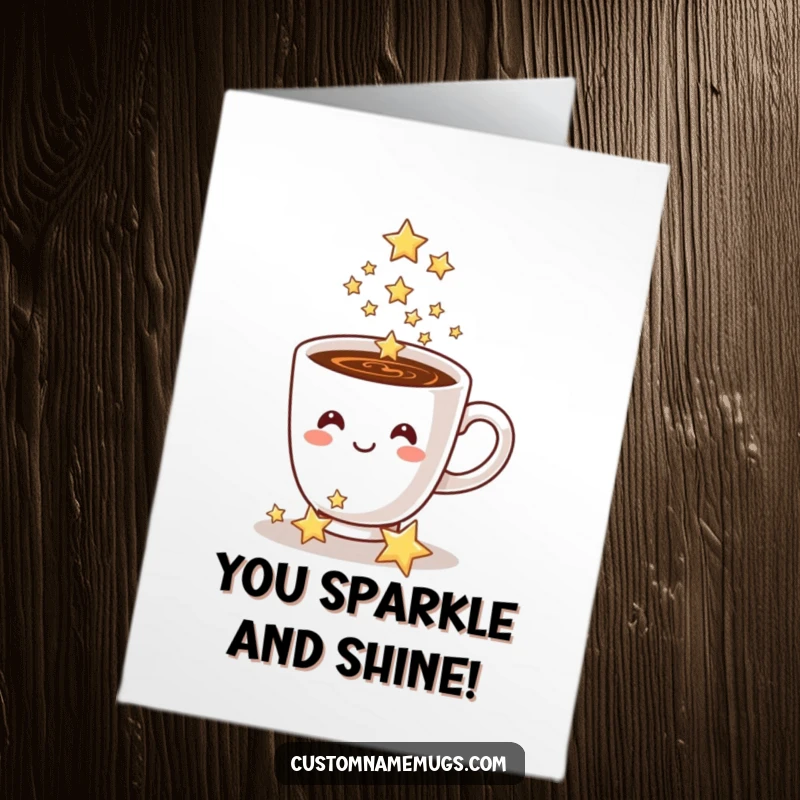 Funny Free Printable Coffee Congratulations Card features a smiling coffee cup pouring a cascade of sparkling stars to celebrate success.