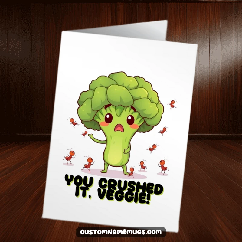 Funny Free Printable Congratulations Card: Surprised broccoli character comically juggling tiny dancing ants with a bewildered expression.