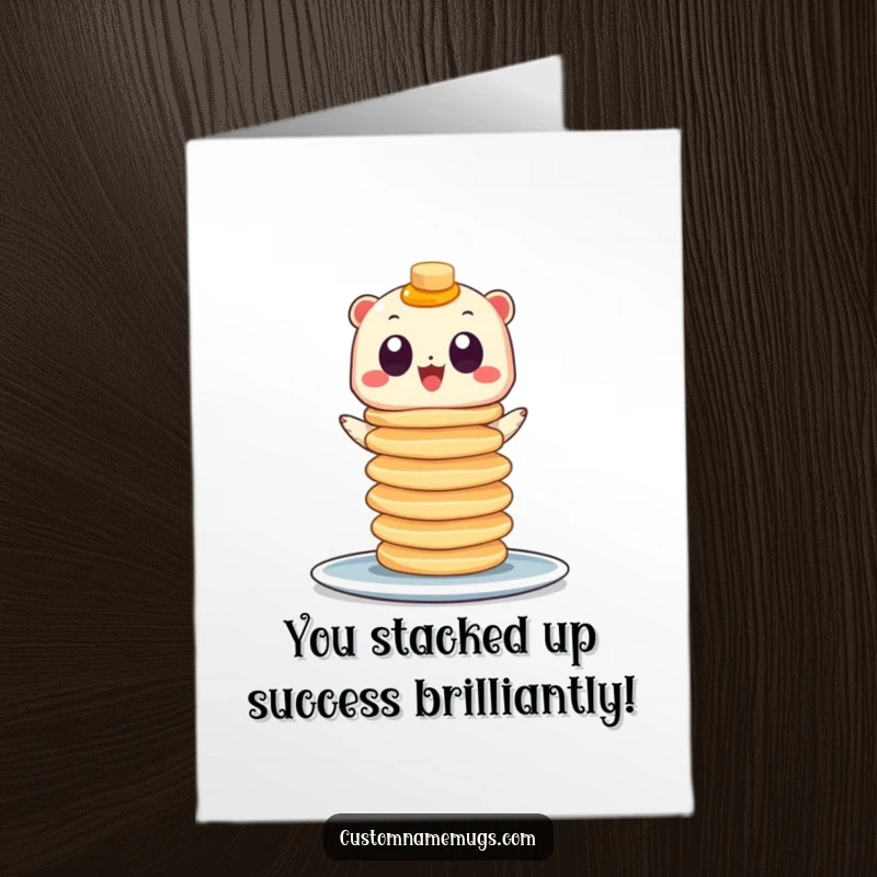 Funny Free Printable Congratulations Card with a googly-eyed creature balancing a tall stack of pancakes, celebrating a win.