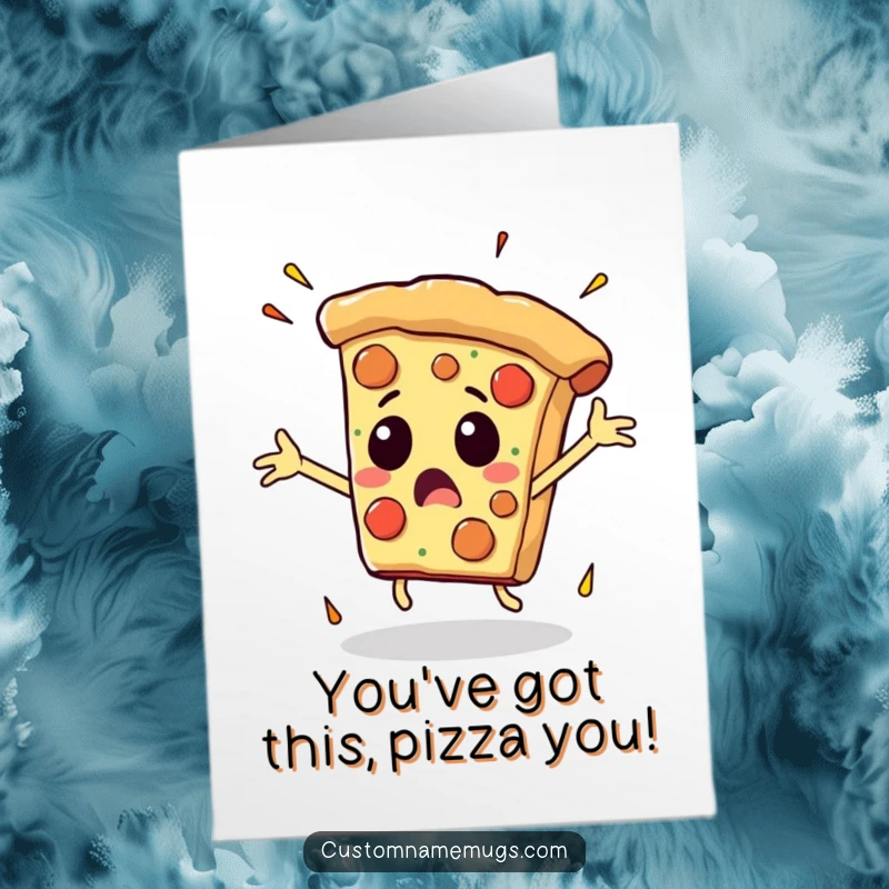 Funny Free Printable Congrats Card: A pizza slice with arms flailing in surprise as it tumbles down.