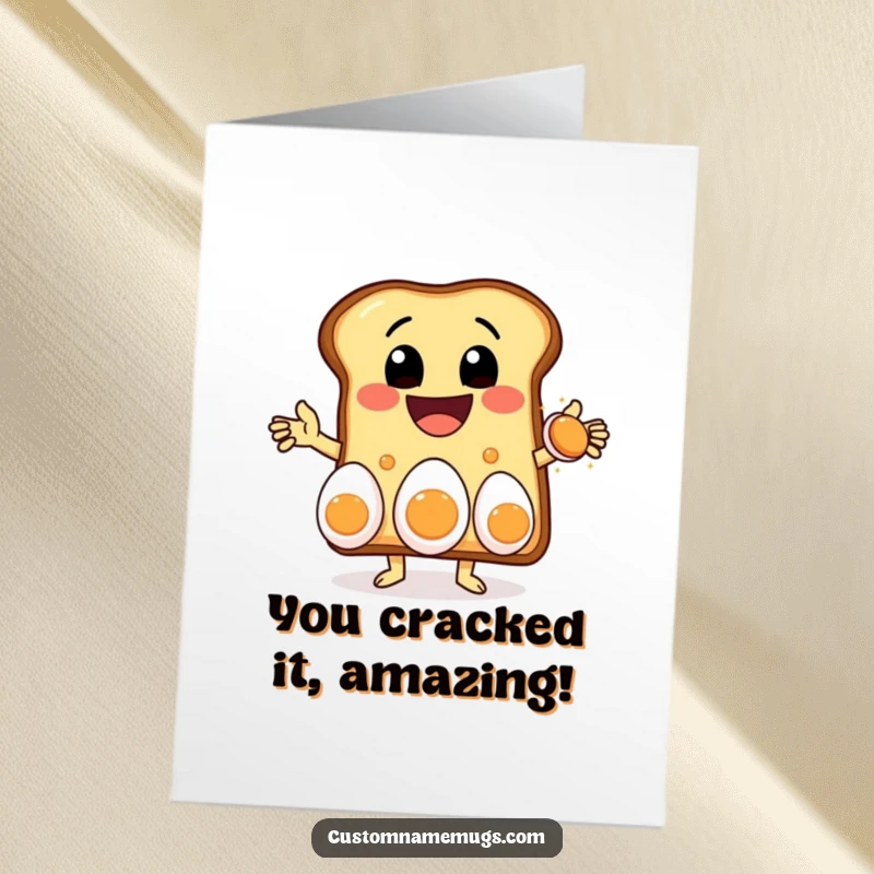 Funny Free Printable Congratulations Card: A delighted toast character with a massive grin juggling three eggs.