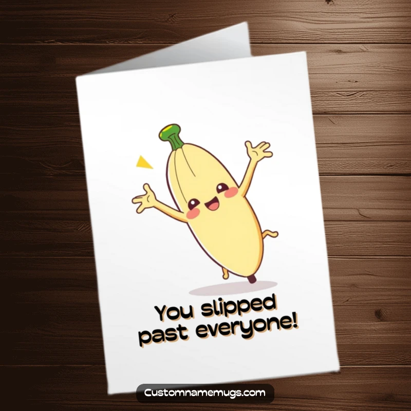 Funny Free Printable Congratulations Card: A clumsy banana peel character slipping on its own peel with arms flailing comically, mid-fall.
