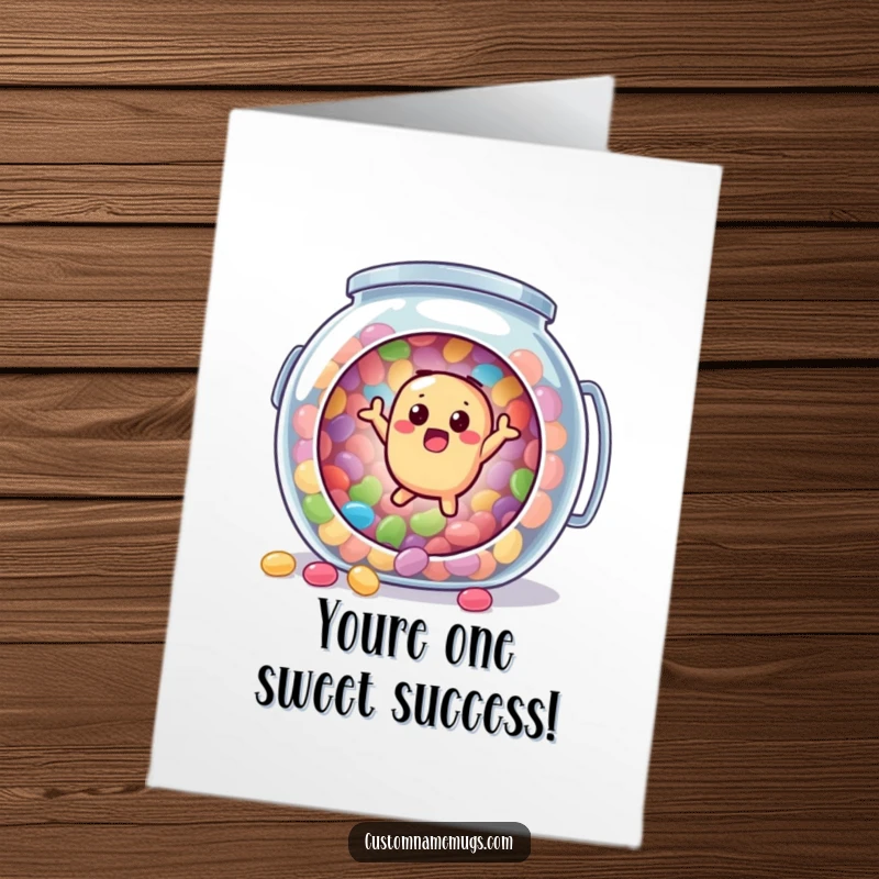 Funny Free Printable Congratulations Card: A surprised jellybean character bounces out of a giant candy jar, ideal for a humorous message.