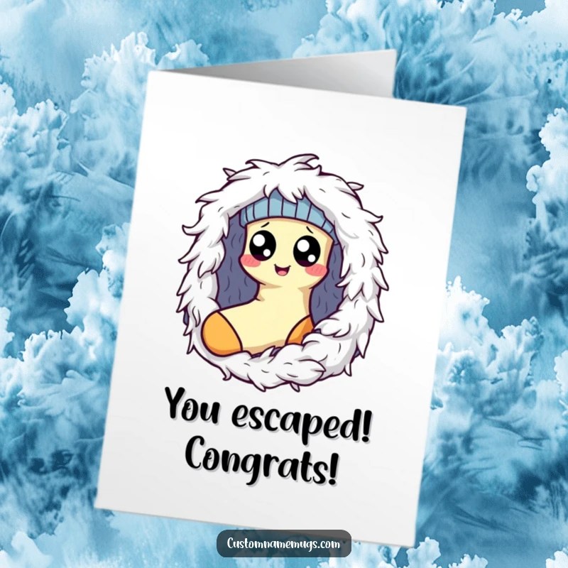 Free printable congratulations card: Googly-eyed Kawaii sock character stuck in a giant, fluffy dryer lint monster.