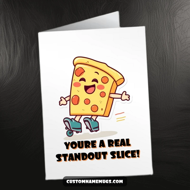 Funny Free Printable Pizza Congratulations Card features a laughing pizza slice on roller skates zooming around to celebrate success.