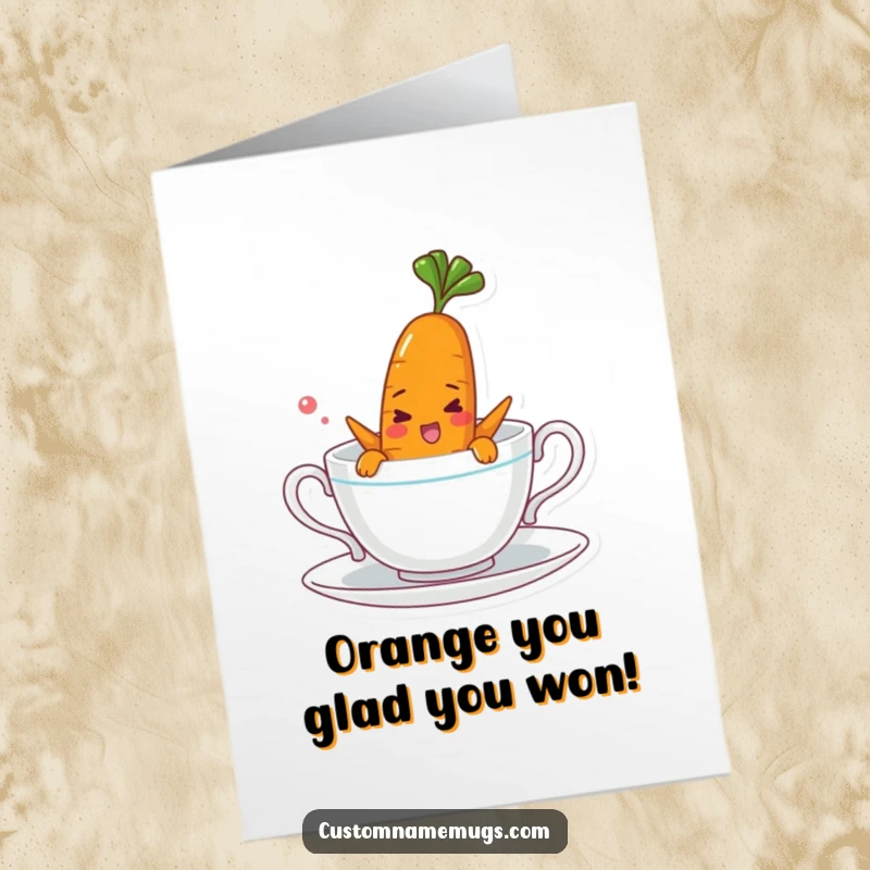 Funny Free Printable Congratulations Card: A cheerful carrot character comically attempts to swim in a teacup, ideal for a humorous message.