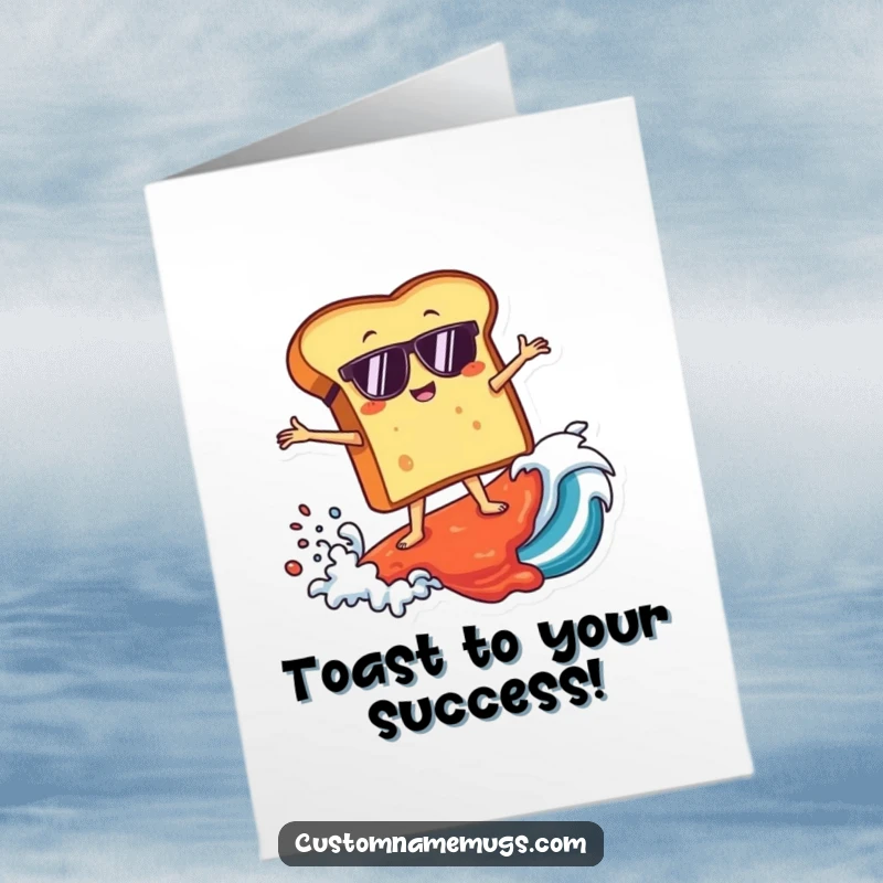 Funny Free Printable Congratulations Card: Toast character with sunglasses surfs a giant jam wave, celebrating victory.