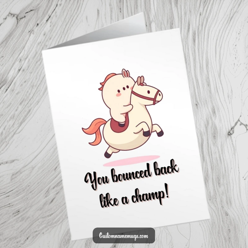 Funny Free Printable Congratulations Card with a blob character riding a bouncy ball like a horse, celebrating an achievement.
