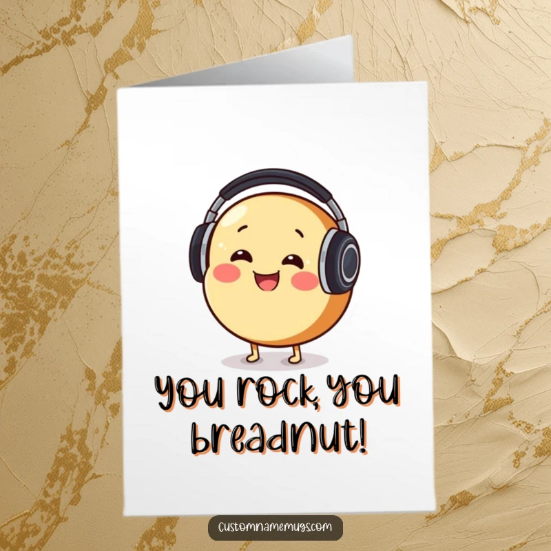 Funny Free Printable Congratulations Card: Round bread character in huge headphones, grooving, celebrating success.