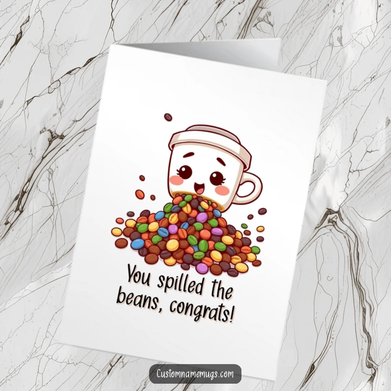 Funny free printable congratulations card featuring a clumsy coffee cup spilling colorful beans to celebrate a big win.