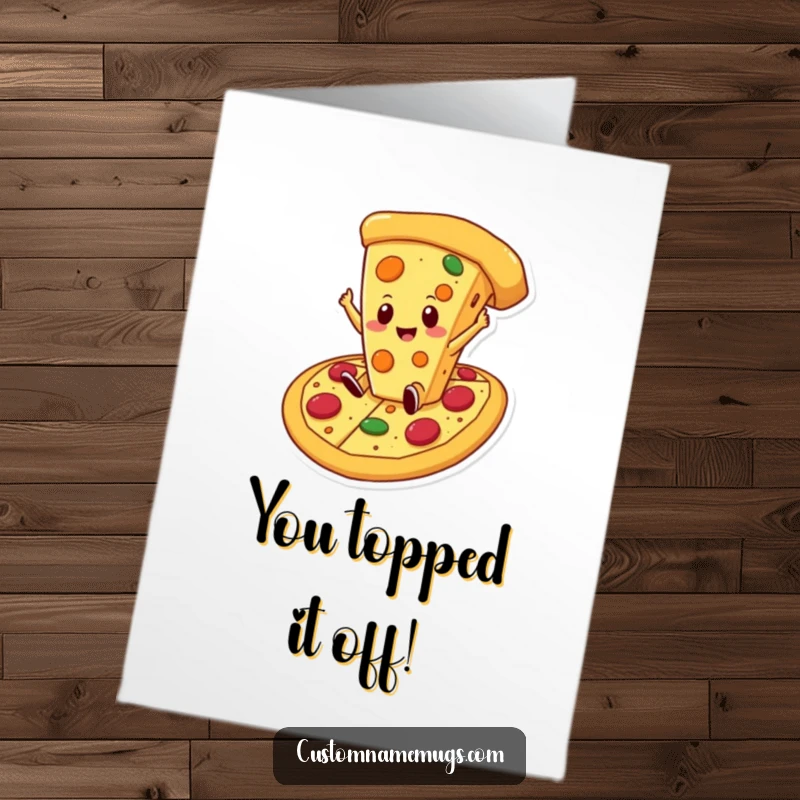 Funny Free Printable Congrats Card: Cheese slice gleefully falling into a giant pizza, celebrating a perfect match.