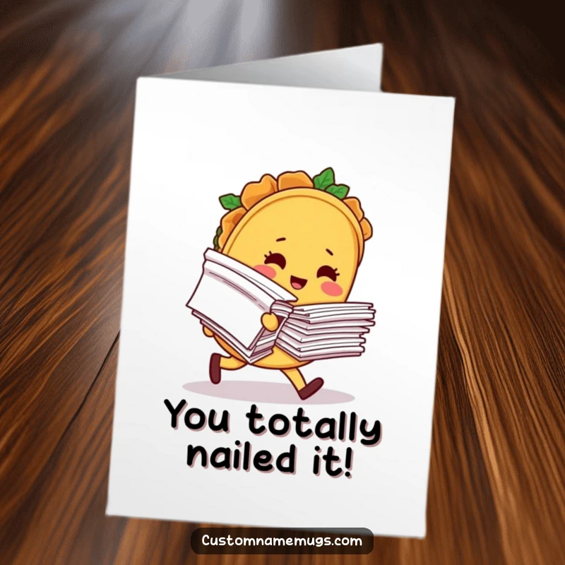 Funny Free Printable Congratulations Card: A blushing taco character comically trips holding papers, perfect for a humorous message.