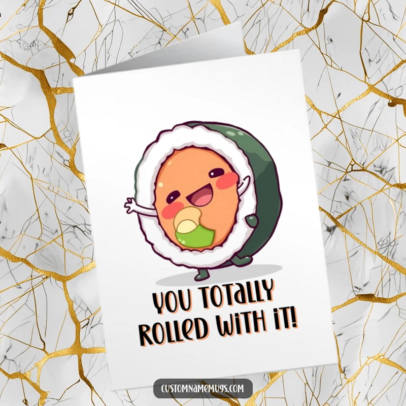 Funny free printable congratulations card showing a sushi roll character attempting a cartwheel to celebrate success.