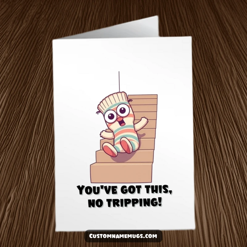 Funny Free Printable Congratulations Card: A goofy sock character with mismatched eyes tumbling down a flight of stairs.