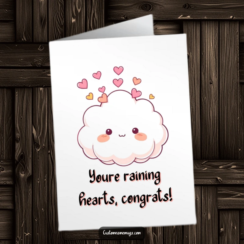 Funny Free Printable Congratulations Card: Adorable fluffy cloud character raining tiny colorful heart confetti, celebrating.