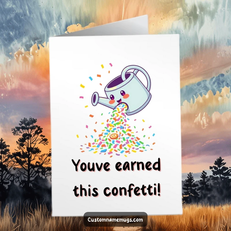Funny Free Printable Congratulations Card: Giggling watering can enthusiastically pouring a delightful cascade of multicolored confetti.