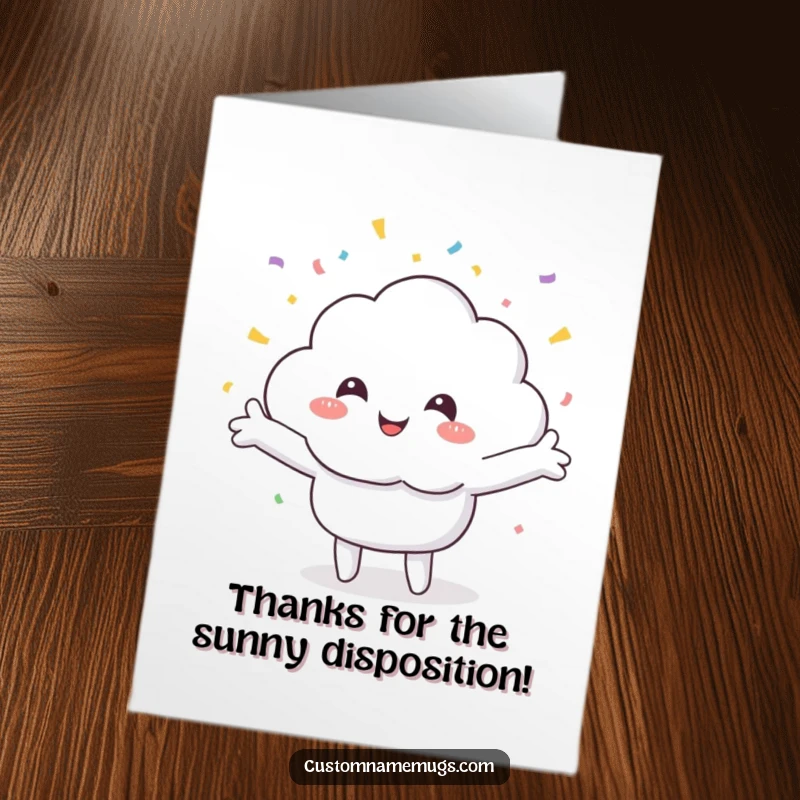 Funny Free Printable Thank You Card: Smiling cloud character joyfully embraced by a delightful confetti rain.