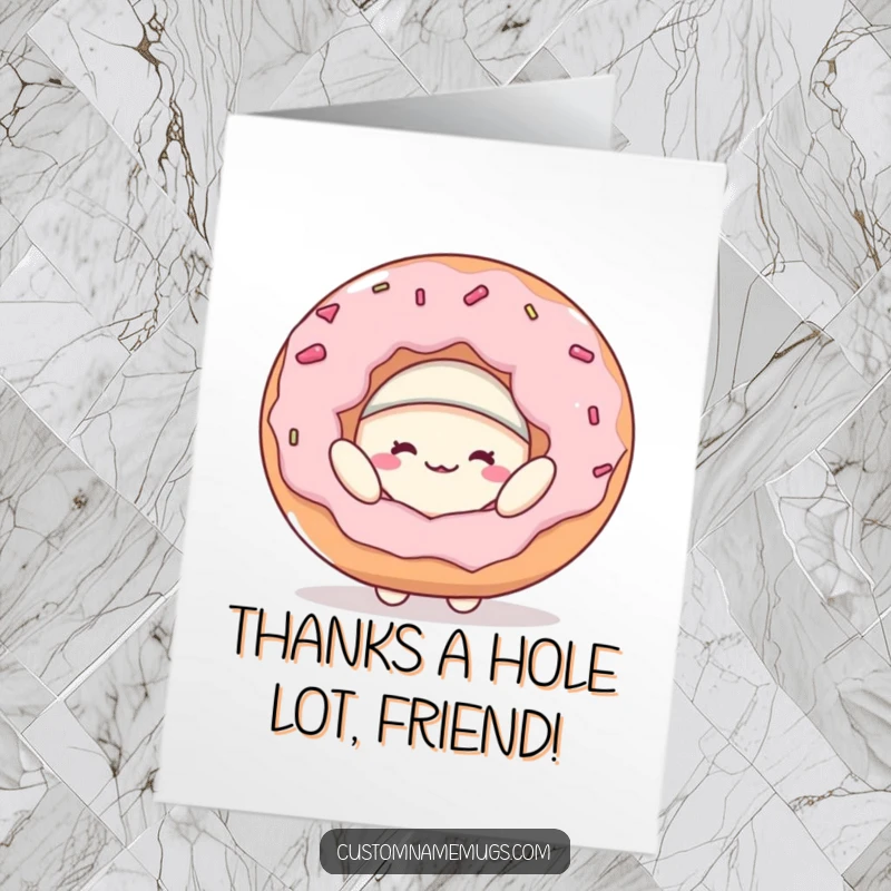 Funny Free Printable Thank You Card showing a blob character hilariously trying to balance a giant donut hat.