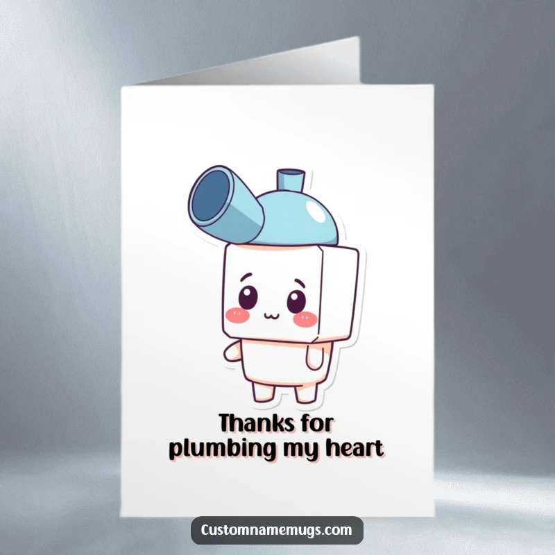 Funny Free Printable Thank You Card: Blocky character wears a plunger hat, expressing thanks comically.