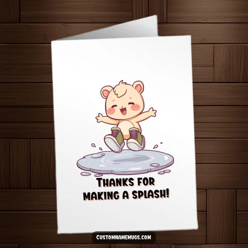 Funny Free Printable Thank You Card depicting a little creature with oversized shoes joyfully hopping and splashing in a puddle.