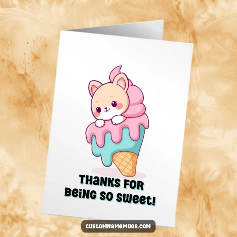 Funny Free Printable Thank You Card showing a cute animal character hilariously slipping on a giant, melting ice cream cone.