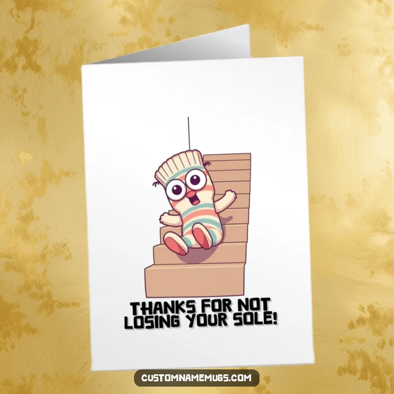 Funny Free Printable Thank You Card: Goofy sock character with mismatched eyes hilariously tumbling down stairs.