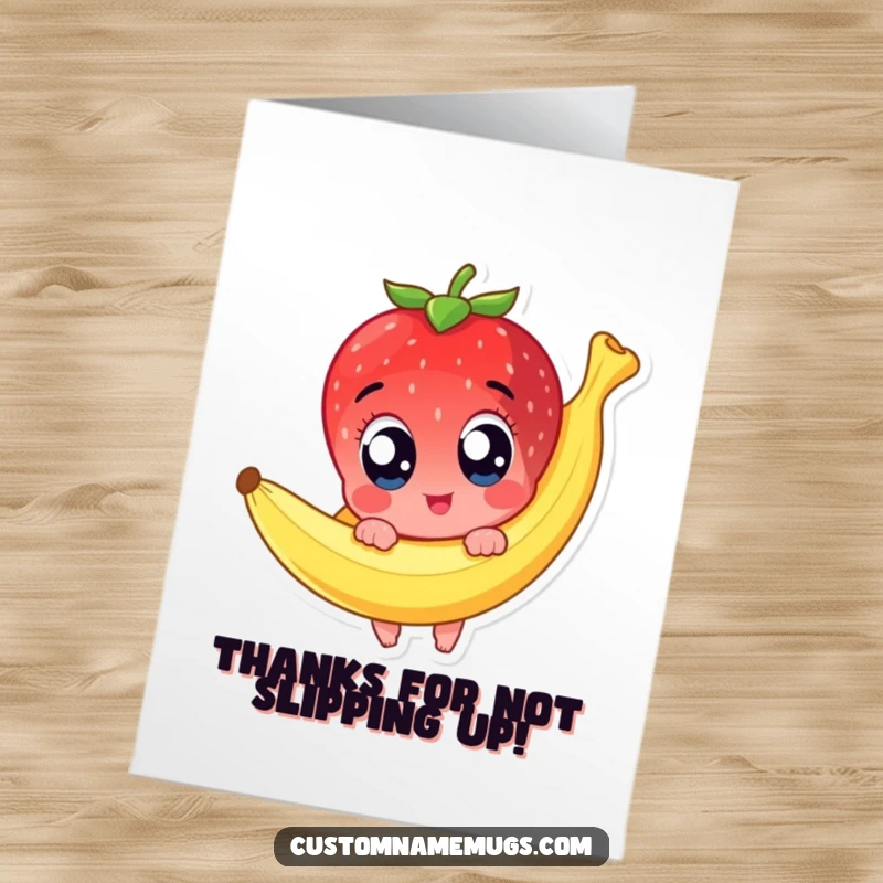 Funny Free Printable Thank You Card: A cute strawberry character with wide eyes dramatically slipping on a banana peel.