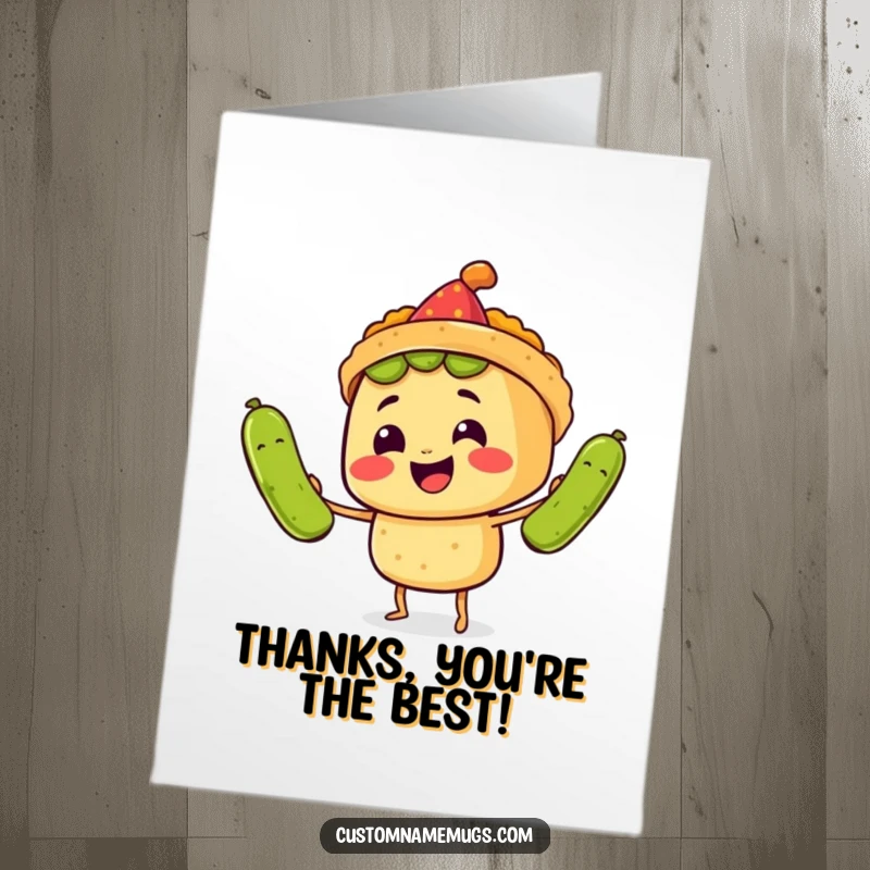 Funny Free Printable Thank You Card: A smiling taco character in a party hat juggles three comically large pickles, offering thanks festively.