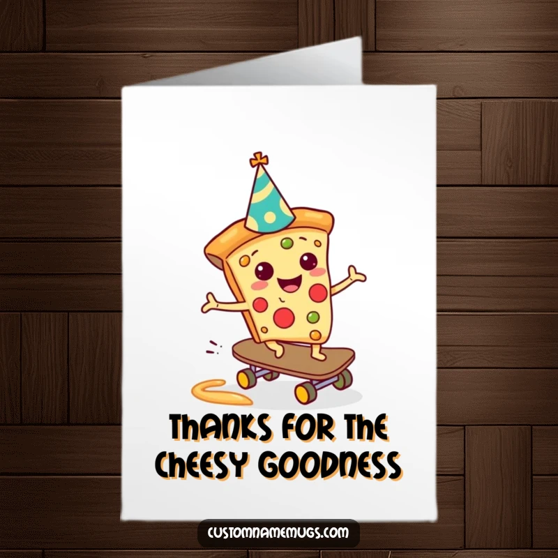 Funny Free Printable cheerful pizza slice with party hat, skateboarding down a sauce slide. Thank You DIY gift.
