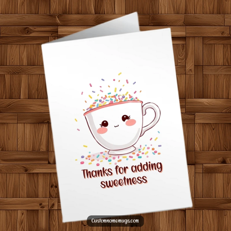 Funny Free Printable Thank You Card: A shy teacup with rosy cheeks attempts to escape a deluge of tiny, colorful sprinkles.