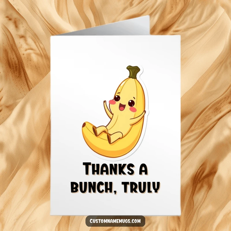 Funny Free Printable Thank You Card: Ecstatic Kawaii banana sliding down its peel, offering thanks.