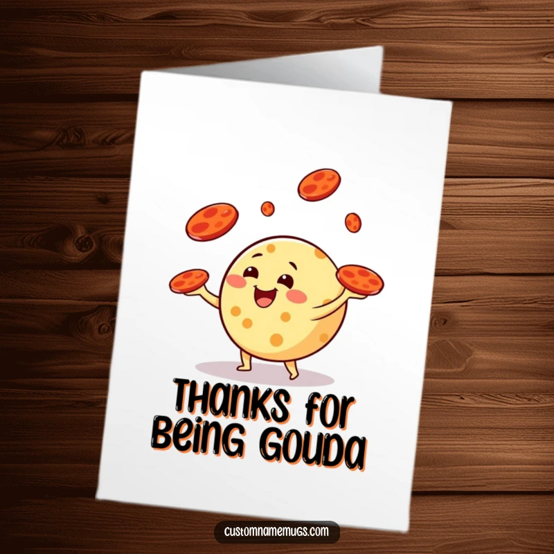 Funny Free Printable Thank You Card: Round cheese character juggles pepperoni slices gratefully, like tiny frisbees.