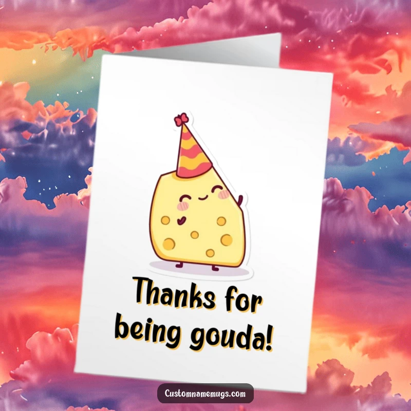 Funny Free Printable Thank You Card: Delighted cheese wedge wearing a party hat, expressing thanks with a cheesy grin.