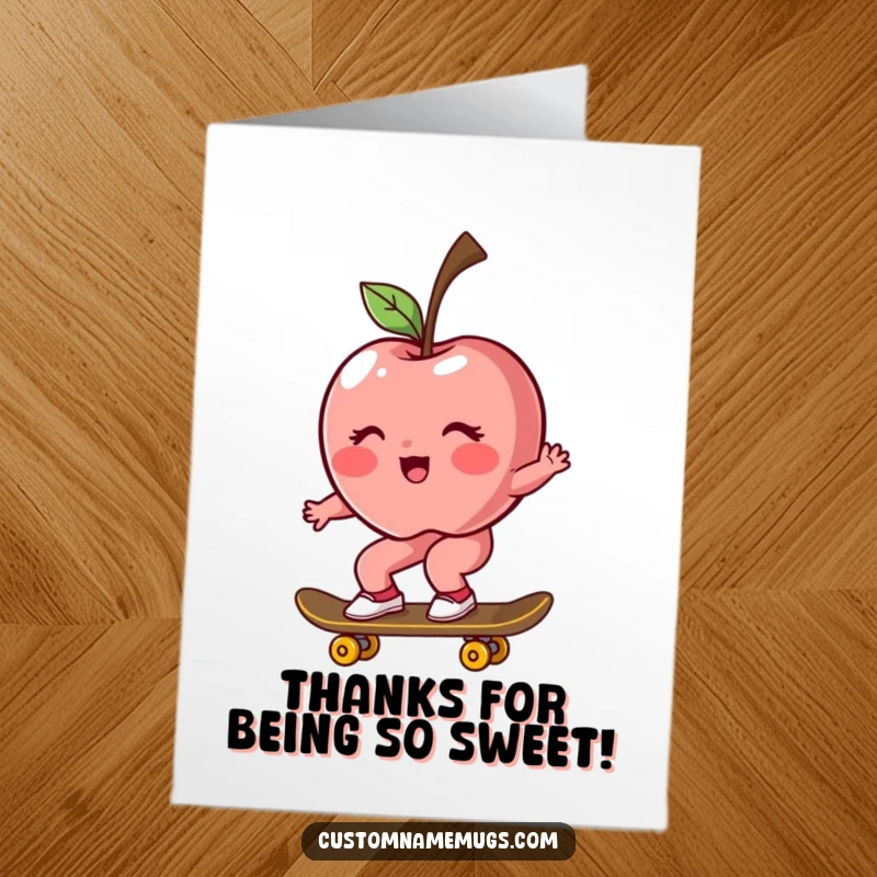 Funny Free Printable Thank You Card: Rosy apple character blushing while awkwardly riding a skateboard downhill.