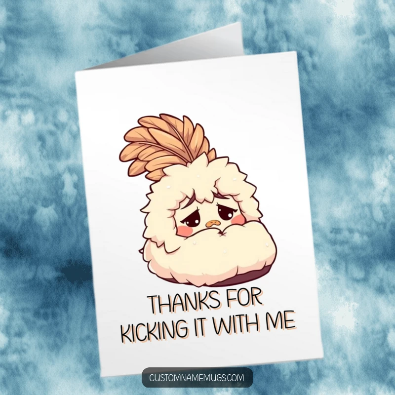 Funny Free Printable confused fluffy slipper thank you card with a feather, expressing surprise. DIY downloadable art.