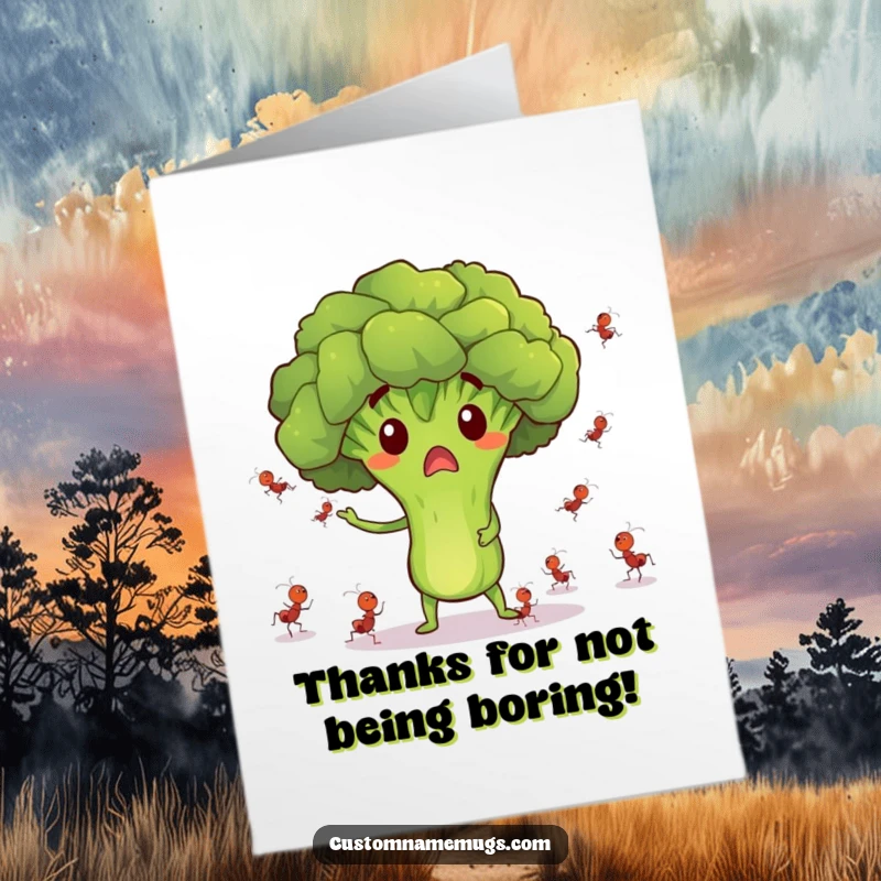 Funny Free Printable Thank You Card: Surprised broccoli character comically juggling tiny dancing ants with a bewildered expression.