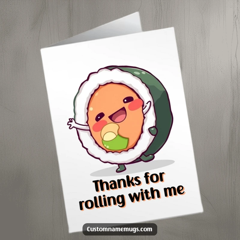Funny free printable thank you card of a sushi roll character doing a cartwheel to express thanks.