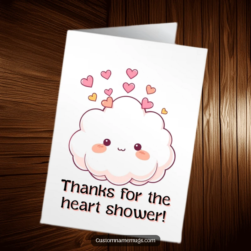 Funny Free Printable Thank You Card: Smiling fluffy cloud showering itself with vibrant heart shapes, showing thanks.