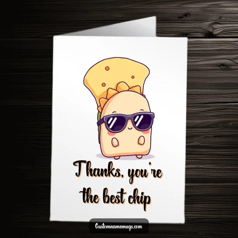 Funny Free Printable Thank You Card: A shy taco with sunglasses peeking cautiously from behind a huge chip.