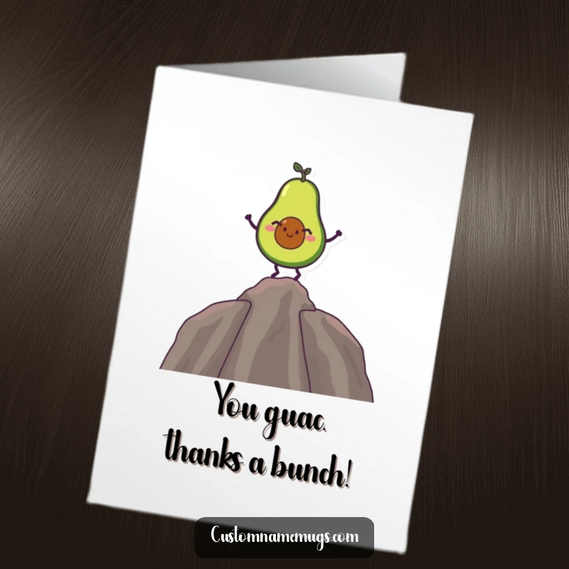 Funny Free Printable Thank You Card: A giggling avocado character performing a comical balancing act on a single, precarious pit.