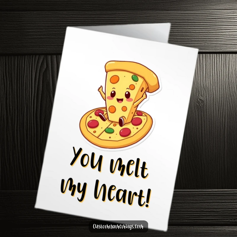 Funny Free Printable Thank You Card: Cheese slice diving into pizza, conveying thanks with a humorous cartoon.