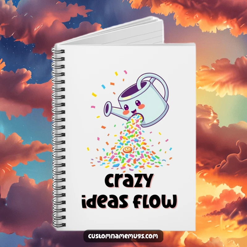 Funny Notebook: Giggling watering can pouring a cascade of colorful confetti, inspiring joyful planning.
